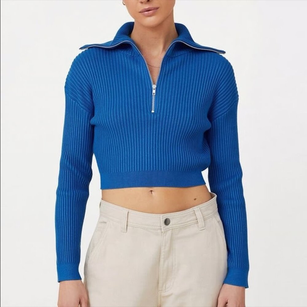 Cotton-On Blue Ribbed Half-Zip Women's Top